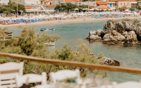 View over Stoupa beach and the Messenian Gulf from a terrace on the headland
