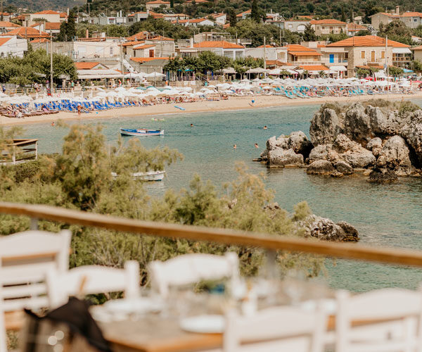 View over Stoupa beach and the Messenian Gulf from a terrace on the headland