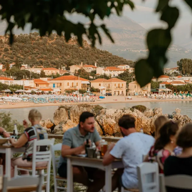 Evening dining on the sea-view terrace in Stoupa